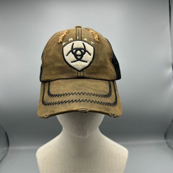 Distressed Ariat Brown Black Baseball Truckers Mesh Hat Adjustable Strap Western - Picture 2 of 12